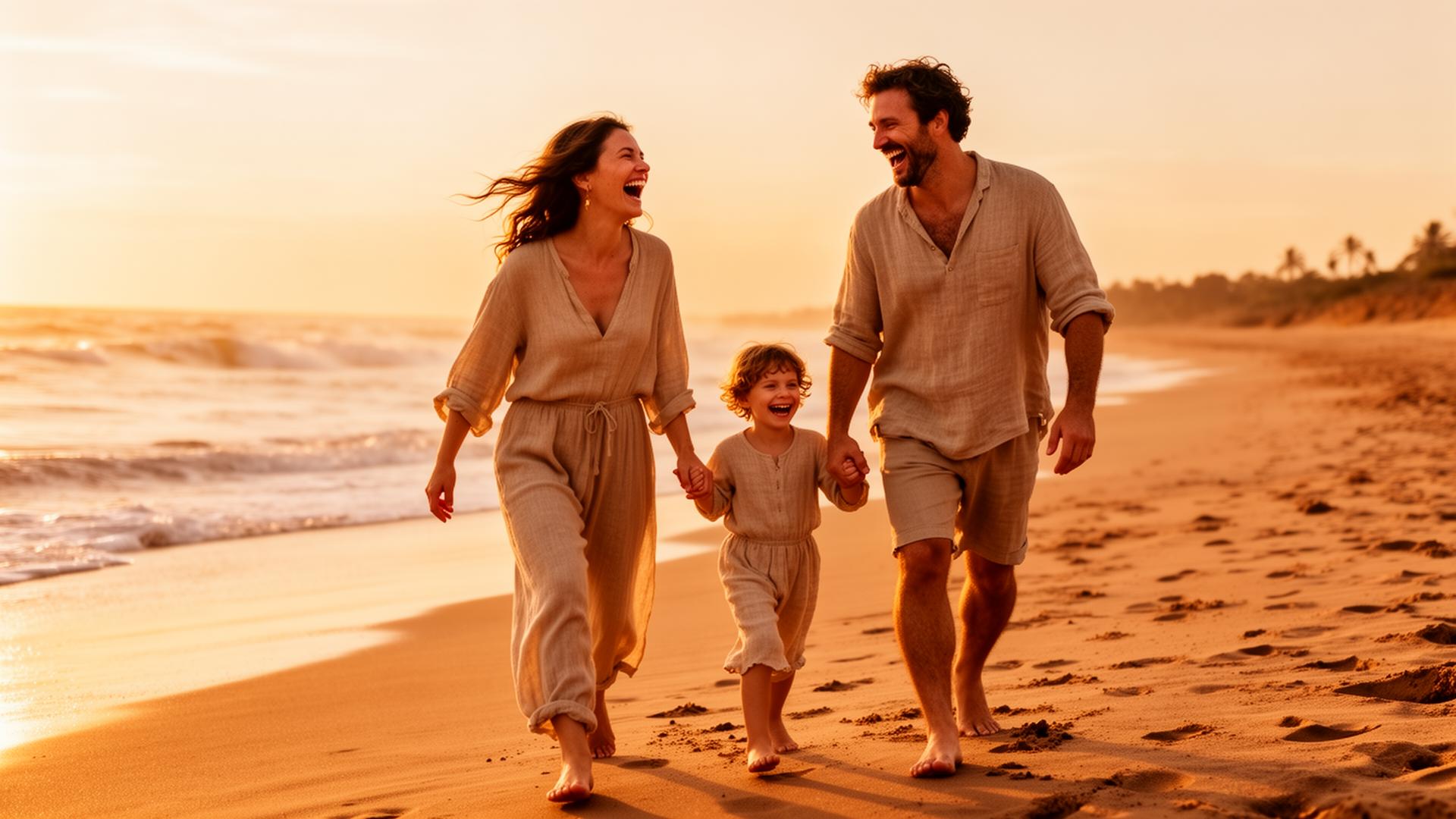 Family laughing together on a sunlit beach