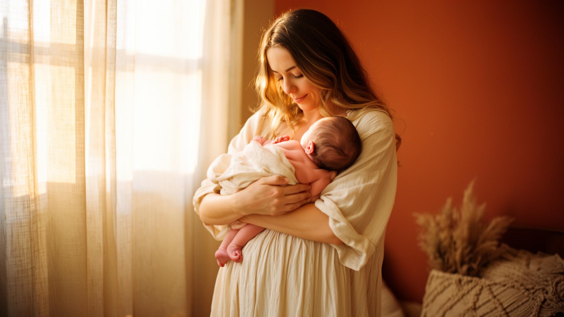 Mother holding her newborn in warm golden light