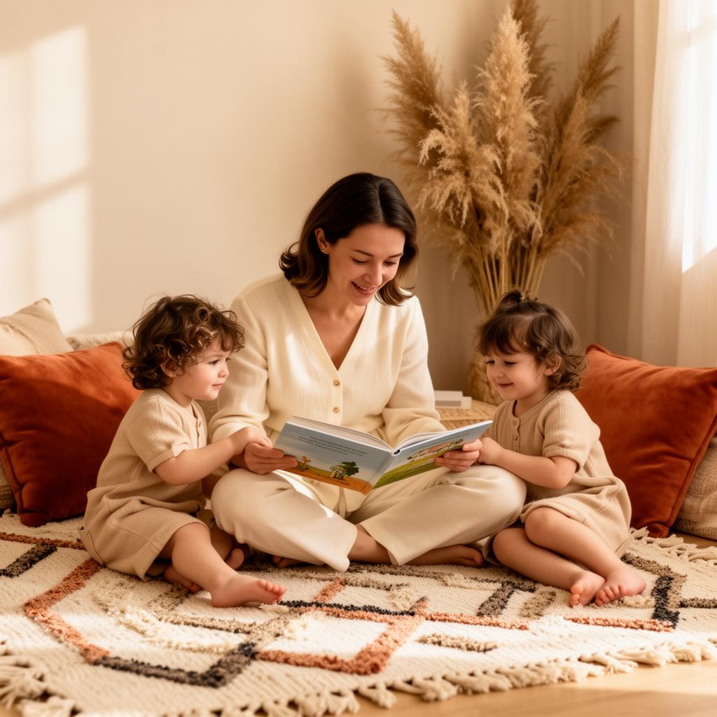 A nurturing caregiver reading to two small children