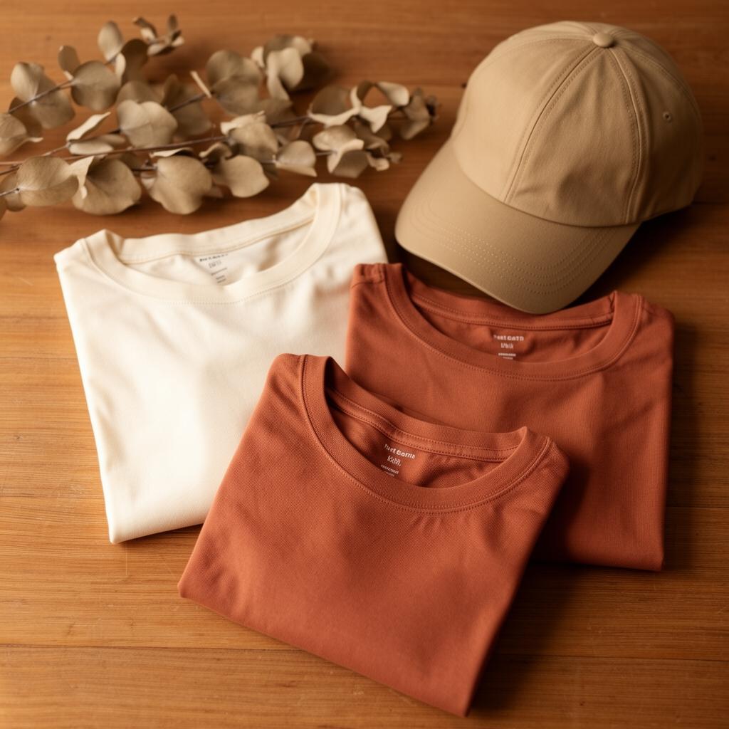 Soulshine apparel — folded organic tees and a sand cap